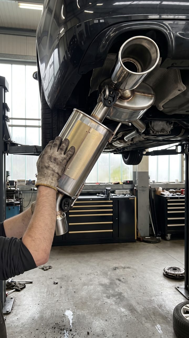 Neuer Edelstahl-Schalldämpfer wird unter dem Auto montiert