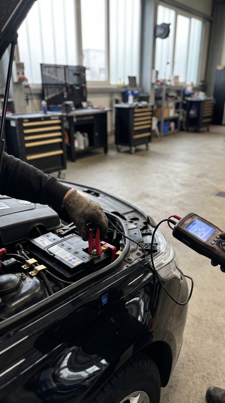 Batterietester an den Polen einer Autobatterie