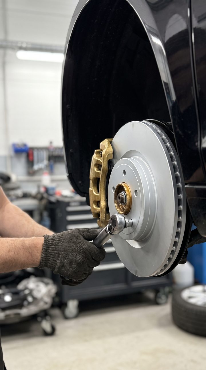 Neue Bremsscheibe mit goldenem Bremssattel wird angezogen