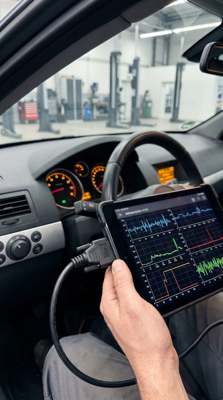 Diagnose-Tablet mit Messkurven, am Fahrzeug angeschlossen