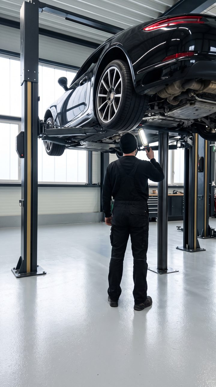 Mechaniker prüft den Unterboden eines Autos auf der Hebebühne
