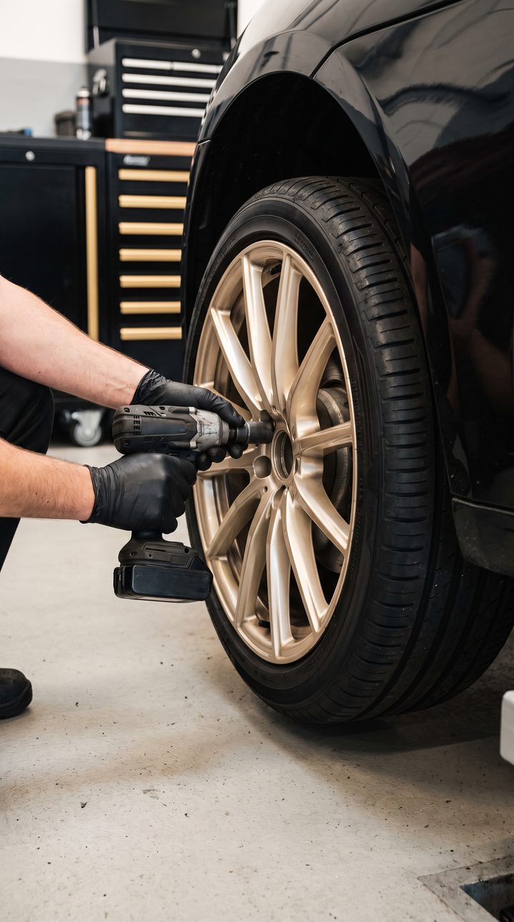 Hände in Arbeitshandschuhen montieren ein Rad mit goldener Felge