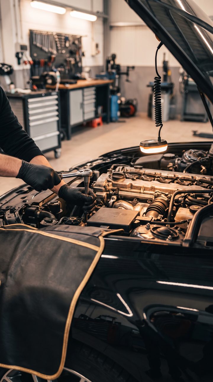 Arbeit im Motorraum mit Knarre und Arbeitslampe